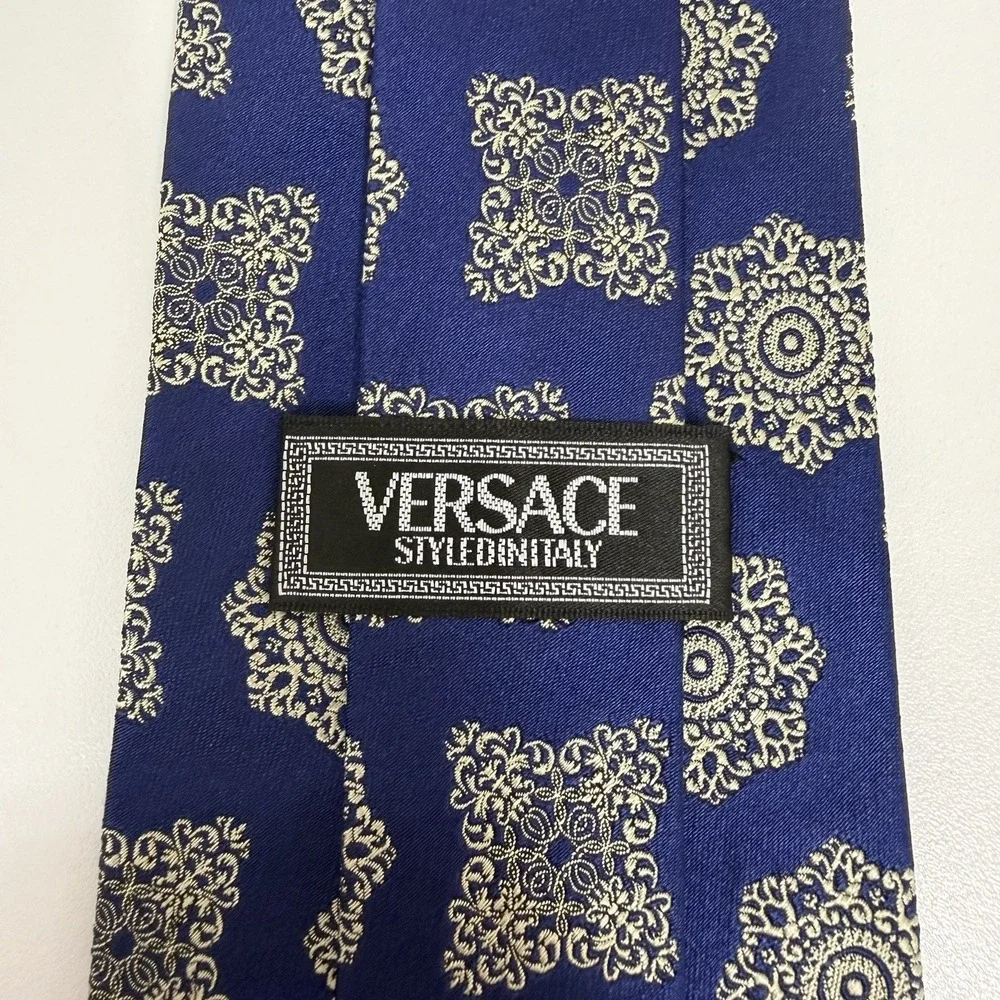 Versace Men's Tie Floral Navy Blue & Silver Silk Japan 3.75